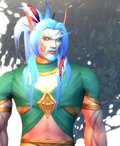 Regent Ironfur, a Skyborne druid with long pale-blue hair, red feathers, and green and gold robes